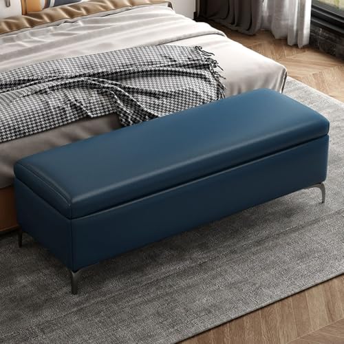 YCKEGEW Bettbank-Ottomane, Extra Großer Stauraumkasten Mit Gepolstertem Sitzhocker,Leder-Fußstütze Sofahocker Für Das Wohnzimmer,Fußhocker Mit Klappbarer Oberseite(Dark Blue,90cm) von YCKEGEW