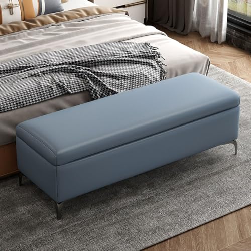 YCKEGEW Bettbank-Ottomane, Extra Großer Stauraumkasten Mit Gepolstertem Sitzhocker,Leder-Fußstütze Sofahocker Für Das Wohnzimmer,Fußhocker Mit Klappbarer Oberseite(Grey-Blue,90cm) von YCKEGEW