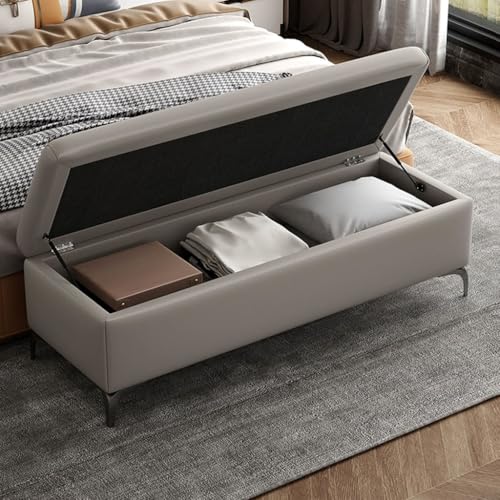 YCKEGEW Bettbank-Ottomane, Extra Großer Stauraumkasten Mit Gepolstertem Sitzhocker,Leder-Fußstütze Sofahocker Für Das Wohnzimmer,Fußhocker Mit Klappbarer Oberseite(Light Grey,80cm) von YCKEGEW