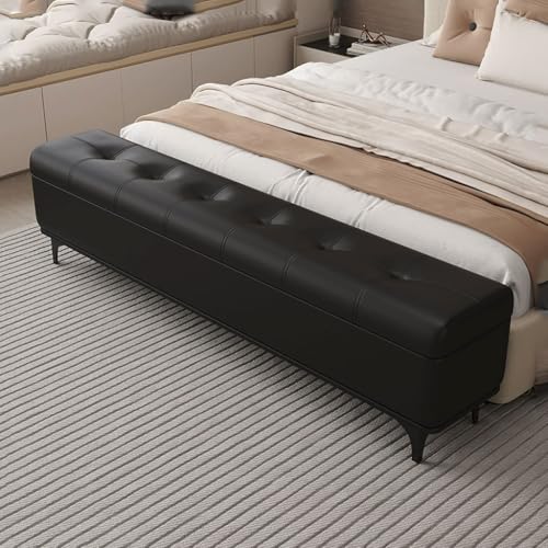YCKEGEW Lange Ottomane Aus Leder Mit Knopfverzierung, Schmale Aufbewahrungsbank, Schuhbank Für Den Eingangsbereich Mit Sitzfläche, Deckenaufbewahrung Mit Klappdeckel(Black,120cm) von YCKEGEW