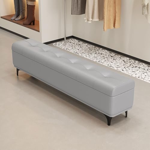 YCKEGEW Lange Ottomane Aus Leder Mit Knopfverzierung, Schmale Aufbewahrungsbank, Schuhbank Für Den Eingangsbereich Mit Sitzfläche, Deckenaufbewahrung Mit Klappdeckel(Light Grey,80cm) von YCKEGEW