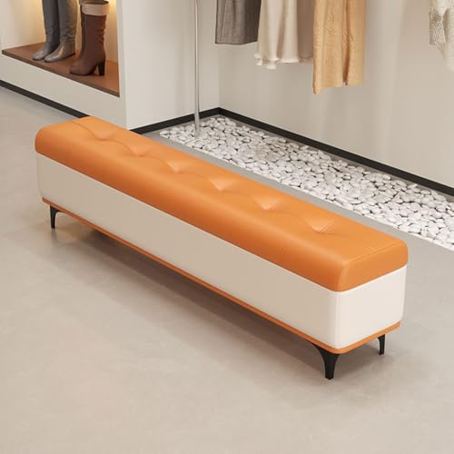 YCKEGEW Lange Ottomane Aus Leder Mit Knopfverzierung, Schmale Aufbewahrungsbank, Schuhbank Für Den Eingangsbereich Mit Sitzfläche, Deckenaufbewahrung Mit Klappdeckel(Orange+White,100cm) von YCKEGEW
