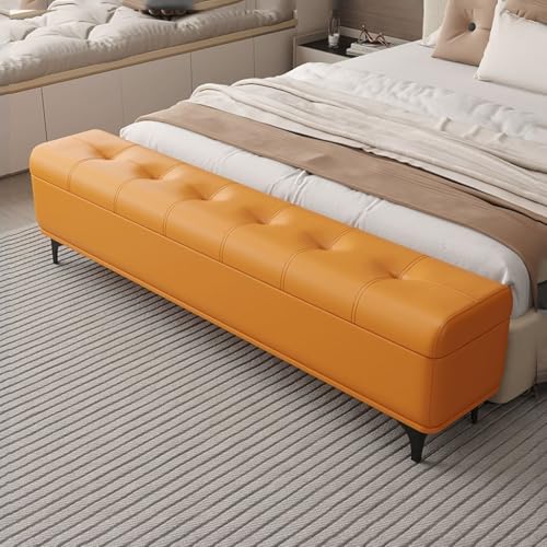 YCKEGEW Lange Ottomane Aus Leder Mit Knopfverzierung, Schmale Aufbewahrungsbank, Schuhbank Für Den Eingangsbereich Mit Sitzfläche, Deckenaufbewahrung Mit Klappdeckel(Orange,120cm) von YCKEGEW