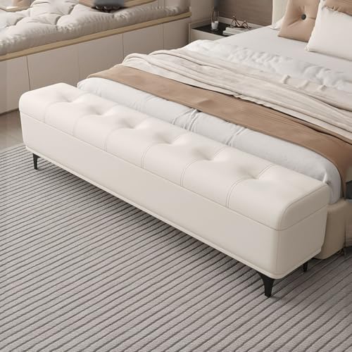 YCKEGEW Lange Ottomane Aus Leder Mit Knopfverzierung, Schmale Aufbewahrungsbank, Schuhbank Für Den Eingangsbereich Mit Sitzfläche, Deckenaufbewahrung Mit Klappdeckel(White,120cm) von YCKEGEW