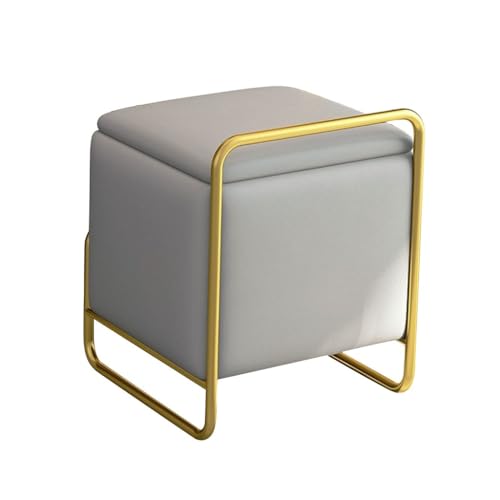 YCKEGEW Lederverkleideter Kosmetikhocker Mit Stauraum, Fußstütze Mit Goldenem Rahmen, Ottomane Mit Stauraum, Gepolsterter Schuhhocker(Light Grey) von YCKEGEW