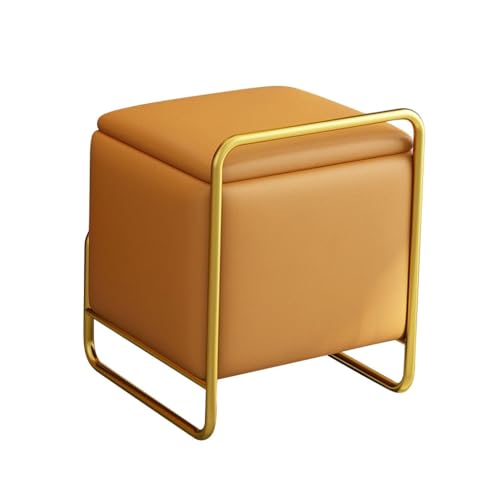 YCKEGEW Lederverkleideter Kosmetikhocker Mit Stauraum, Fußstütze Mit Goldenem Rahmen, Ottomane Mit Stauraum, Gepolsterter Schuhhocker(Orange) von YCKEGEW