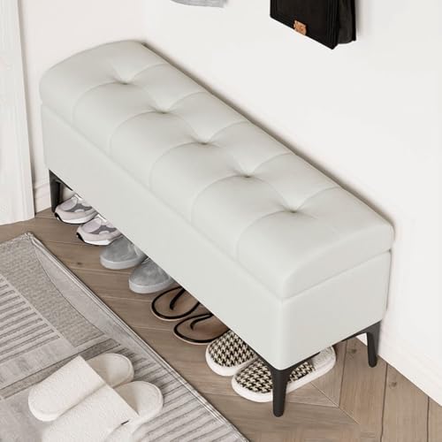 YCKEGEW Ottomane Aus Kunstleder Mit Stauraum Schlafzimmerbank Klappsitzhocker Mit Stauraum Und Organizer, Trittleiter Schuhhocker Für Den Eingangsbereich(Beige,100cm) von YCKEGEW