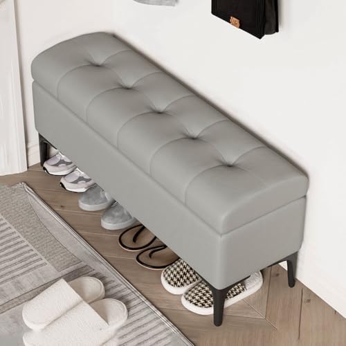 YCKEGEW Ottomane Aus Kunstleder Mit Stauraum Schlafzimmerbank Klappsitzhocker Mit Stauraum Und Organizer, Trittleiter Schuhhocker Für Den Eingangsbereich(Light Grey,120cm) von YCKEGEW