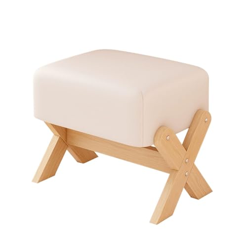 YCKEGEW Wohnzimmer-Sofa-Sitzhocker Mit Holzbeinen, Rechteckige Fußhocker Für Erwachsene Gepolsterte Ottomane Aus Kunstleder Schuhhocker Für Den Eingangsbereich(White,Natural Wood) von YCKEGEW