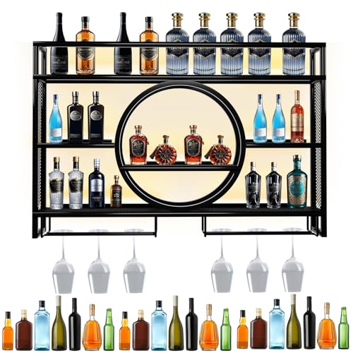 YCKJXSMA Modernes Weinregal aus Metall mit LED Licht, HäNgender Runder Weinregal Schrank Aus Metall, 3 Etagen Weinflaschenregal für Küche Esszimmer Dekor Zuhause Bars von YCKJXSMA