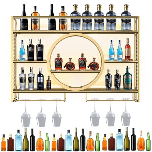 YCKJXSMA Modernes Weinregal aus Metall mit LED Licht, HäNgender Runder Weinregal Schrank Aus Metall, 3 Etagen Weinflaschenregal für Küche Esszimmer Dekor Zuhause Bars von YCKJXSMA