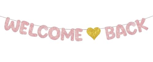 Roségoldenes "Welcome Back"-Banner mit Glitzer-Aufschrift "Welcome Back", Partyschild, Rückkehr nach Hause, Teenager, Heimkehr, Heimkehr, Krankenhaus Roségoldenes "Welcome Back"-Banner mit Glitzer-Aufschrift "Welcome Back", Partyschild, Rückkehr nach Hause, Teenager, Heimkehr, Heimkehr, Krankenhaus von YCLIN