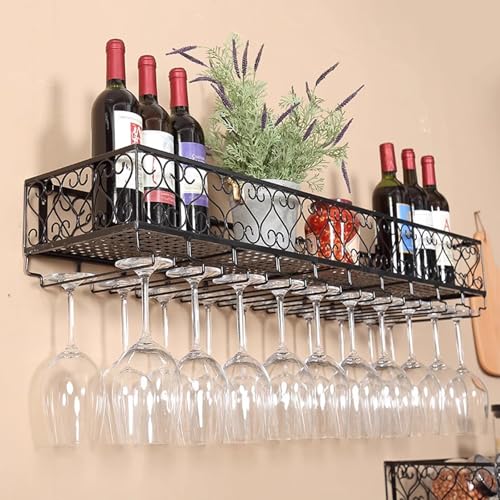 An der Wand montiertes Weinregal mit Glashalter, elegantes Wandbarregal – Material aus eingebranntem Emaille-Eisen, europäisch – gemusterte Kanten, multifunktional für die Hausbar (schwarz, 39 x 10 von YCNLYSSR