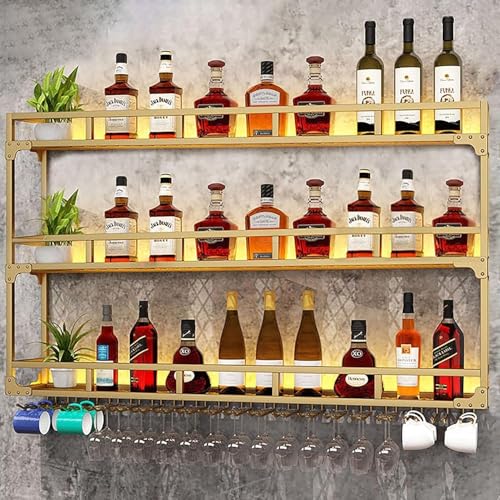 An der Wand montiertes Weinregal mit LED-Leuchten, schwebende 3-stufige Metallregale für Spirituosen, Weindisplay-Aufbewahrungsorganisator für die Hausbar, Esszimmerküche (Größe: 100 x 90 x 25 cm, F von YCNLYSSR