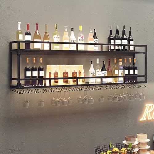 Modernes, wandmontiertes Weinregal mit Glashalter, industrielle Weinpräsentationsregale mit LED-Licht, multifunktionale Weinlagerschränke für die Hausbar (Größe: 2 Ebenen, 120 x 55 x 25 cm, Farbe: S von YCNLYSSR