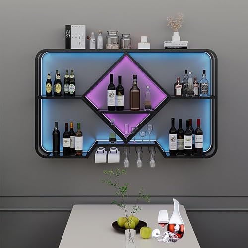 Modernes Weinregal zur Wandmontage mit LED-Licht, Eisenstangenregale mit Glashalter, multifunktionales Aufbewahrungsdisplay für die Hausbar, Küche, Restaurant (Größe: 140 x 70 x 20 cm, Farbe: Schwar von YCNLYSSR