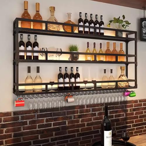 Schwebendes Weinregal aus Eisen mit 3 Ebenen und LED-Licht zur Wandmontage, integrierter Weinglashalterung, unverzichtbares Spirituosenregal für Heimbar-Enthusiasten und trendige Kücheneinrichtungen von YCNLYSSR
