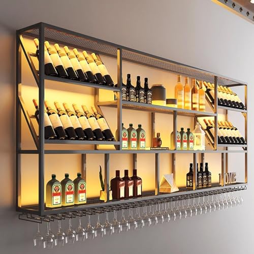 Weinregal zur Wandmontage, schwebendes Weinregal aus Eisen mit 3 Ebenen und LED-Licht zur Wandmontage, integrierter Weinglashalter, Aufbewahrungsorganisator für Spirituosenflaschen für die Hausbar ( von YCNLYSSR