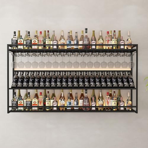 Weinregal zur Wandmontage, schwebendes Weinregal aus Eisen mit 3 Ebenen und LED-Licht zur Wandmontage, integrierter Weinglashalter, Präsentationsregal für Spirituosenflaschen im Industriestil (schwa von YCNLYSSR