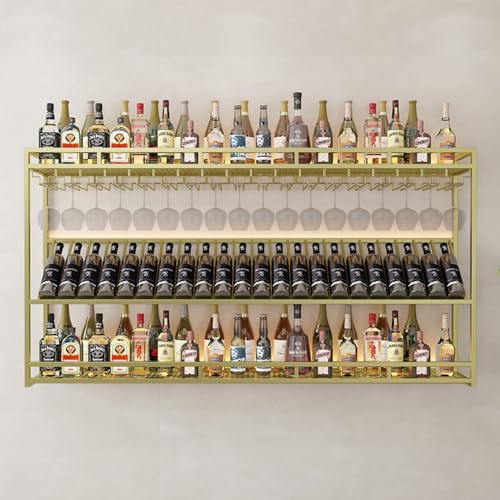Weinregal zur Wandmontage, schwebendes Weinregal aus Eisen mit 3 Ebenen und LED-Licht zur Wandmontage, integrierter Weinglashalter, Präsentationsregal für Spirituosenflaschen im Industriestil (Gold, von YCNLYSSR