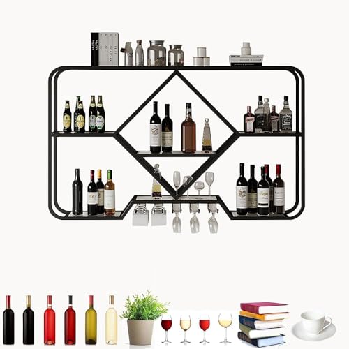 YCNLYSSR Modernes Weinregal zur Wandmontage mit LED-Licht und Glashalter, mehrere Barregale aus Eisen, Flaschenregal für die Hausbar, Esszimmer und Küche (Größe: 100 x 70 x 20 cm, Farbe: Schwarz) von YCNLYSSR