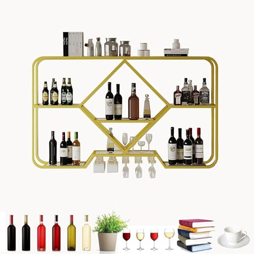 YCNLYSSR Modernes Weinregal zur Wandmontage mit LED-Licht und Glashalter, mehrere Barregale aus Eisen, Flaschenregal für die Hausbar, Esszimmer und Küche (Größe: 120 x 70 x 20 cm, Farbe: Gold) von YCNLYSSR