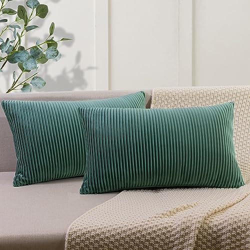 YCOLL 2er Set Türkis Kissenbezug 30x50 Samt Streifenmuster Kissenhülle weiche Kissenbezüge Moderne Zierkissenbezug Sofakissen für die Inneneinrichtung dekorative Dekokissen für Sofa, Bett von YCOLL