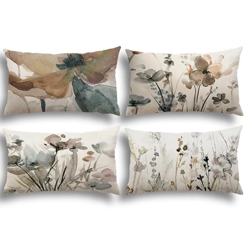 YCOLL Blumen Kissenbezug 30x50 4er Set Kissenhülle Leinen Sofakissen Moderne Abstrakte Blumen Aquarellmalerei Dekokissen für Sofa Schlafzimmer Couch Outdoor Kissenbezüge 30x50 A090 von YCOLL