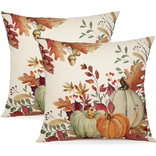 YCOLL Herbst Kissenbezug 40x40 2er Set Kissenhülle Herbst Kürbis Deko Sofakissen Leinen Kissenbezüge Herbst Dekoration Outdoor Kürbis Kissen, für Schlafzimmer Wohnzimmer Couch Zierkissen 40x40 cm von YCOLL