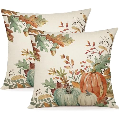 YCOLL Herbst Kissenbezug 40x40 2er Set Kissenhülle Herbst Kürbis Deko Sofakissen Leinen Kissenbezüge Herbst Dekoration Outdoor Kürbis Kissen, für Schlafzimmer Wohnzimmer Couch Zierkissen 40x40 cm von YCOLL
