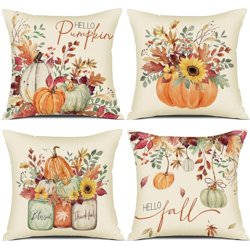 YCOLL Herbst Kissenbezug 40x40 4er Set Kissenhülle Herbst Kürbis Deko Sofakissen Leinen Kissenbezüge Herbst Dekoration Outdoor Kürbis Kissen, für Schlafzimmer Wohnzimmer Couch Zierkissen 40x40 cm von YCOLL
