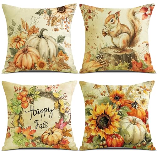 YCOLL Herbst Kissenbezug 40x40 4er Set Kissenhülle Herbst Kürbis Deko sofakissen Leinen Kissenbezüge Herbst Dekoration Outdoor Kürbis Kissen, für Schlafzimmer Wohnzimmer Couch Zierkissen 40x40 cm von YCOLL