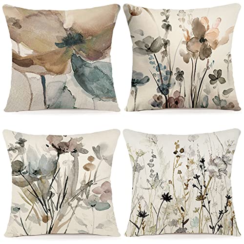 YCOLL Blumen Kissenbezug 45x45 4er Set Kissenhülle Leinen Sofakissen Moderne Abstrakte Blumen Aquarellmalerei Dekokissen für Sofa Schlafzimmer Couch Outdoor Kissenbezüge 45x45 A090 von YCOLL