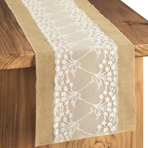 YCOLL Natur Sackleinen Jute Tischläufer Tischdekoration mit Spitze, Rustikaler Landhausstil Läufer für Hochzeitsdeko, Esstisch, Veranstaltung, Küche, Urlaubsdeko 30x100 cm von YCOLL