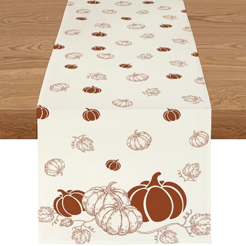 YCOLL Tischläufer Herbst 40x180cm – Beige Tischdecke Herbstdeko in Leinen Modernes Kürbis Design, Wasserabweisend & Waschbar Ideal für Esstisch, Küche, Outdoor Drinnen Party- oder Urlaubsdeko von YCOLL