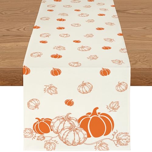 YCOLL Tischläufer Herbst 40x180cm – Beige Tischdecke Herbstdeko in Leinen Modernes Kürbis Design, Wasserabweisend & Waschbar Ideal für Esstisch, Küche, Outdoor Drinnen Party- oder Urlaubsdeko von YCOLL