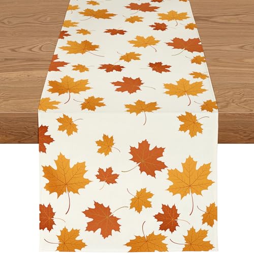 YCOLL Tischläufer Herbst 40x180cm – Orange Tischdecke Herbstdeko in Leinen Modernes Ahornblatt Design, Wasserabweisend & Waschbar Ideal für Esstisch, Küche, Outdoor Drinnen Party- oder Urlaubsdeko von YCOLL