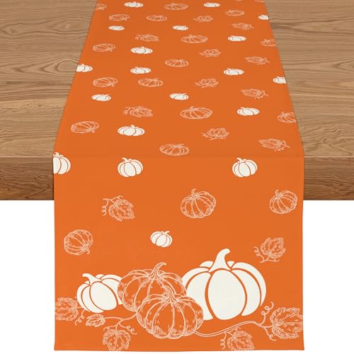 YCOLL Tischläufer Herbst 40x180cm – Orange Tischdecke Herbstdeko in Leinen Modernes Kürbis Design, Wasserabweisend & Waschbar Ideal für Esstisch, Küche, Outdoor Drinnen Party- oder Urlaubsdeko von YCOLL