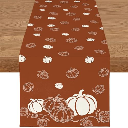 YCOLL Tischläufer Herbst 40x240cm Dunkelorange Tischdecke Herbstdeko in Leinen Modernes Kürbis Design, Wasserabweisend & Waschbar Ideal für Esstisch, Küche, Outdoor Drinnen Party- oder Urlaubsdeko von YCOLL