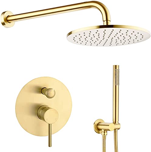 10 Zoll runde Badezimmer Luxus Regenmixer Combo Set Wandmontage Duschkopf gebürstet Gold (enthalten Wasserhahn-Rauh-Ventilkörper und Trim) Dekoration (gebürstetes Gold 10-Zoll-Set) LWX von YCVAWEOD