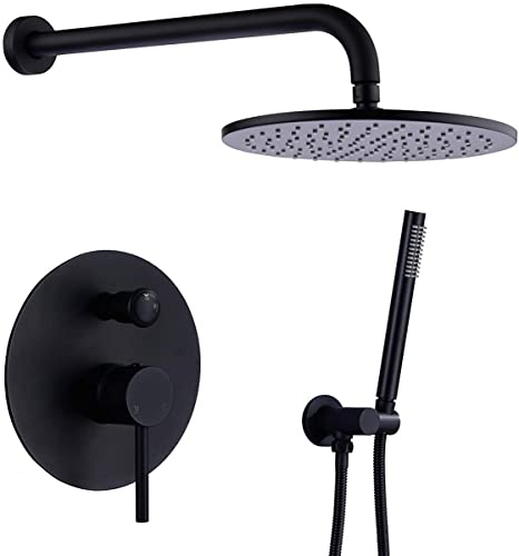 10 Zoll runde Badezimmer Luxus Regenmixer Combo Set Wandmontage Duschkopf gebürstet Gold (enthalten Wasserhahn-Rauh-Ventilkörper und Trim) Dekoration (gebürstetes Gold 10-Zoll-Set) LWX von YCVAWEOD
