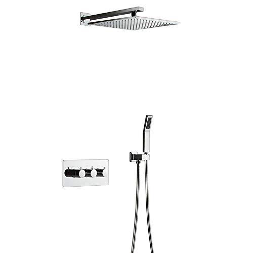 YCVAWEOD 12 '' an der Wand montierter Niederschlagsschubst, 2-funktionierende Messing-Bad-Duschhahn. Badezimmer Regenmixer Dusche Kombination Thermostatsteuerung ohne Hebestange LWX von YCVAWEOD