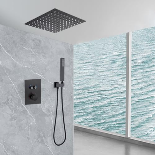 2-Wege versteckte thermostatische Duschmischmixer-Ventil Schwarzer Quadratregen Duschkopf und Schlauchset, Messingregen Duschkopf, 10 in-a LWX von YCVAWEOD