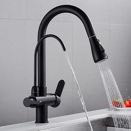 3 -Wege -Klotz für Küchenspüle Messing Küchenmischer Taps 1 Loch Ausziehen Spray 360 ° Schwenkmischer Tippen Sie auf Messingküchenmixer HAP Schwarz, schwarz, schwarz LWX von YCVAWEOD