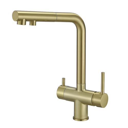3 -Wege -Küchenhahn mit Auszug Schlauch rotierender Wasserhahn 3 Wege Wasserfilter Tap Kitchen Trinkhähnen Spüle Mixer gebürstet Gold LWX von YCVAWEOD