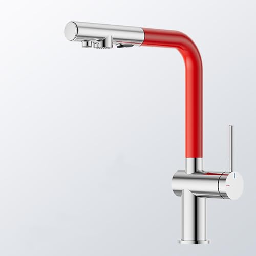 3-Wege-Küchenhahn mit Auszug Spray Messing 360 ° Rotationschrom + rot LWX von YCVAWEOD