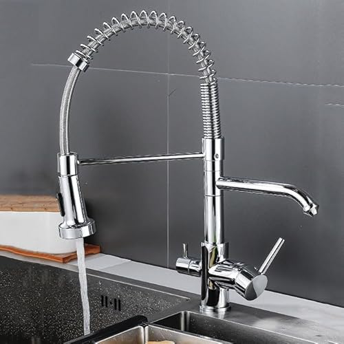 3-Wege-Küchenhahn mit Auszugsspray- und Wasserfilter, 360 ° Schwenkmischer-Wasserhahn, 2-Griff-Chrom-Küchenarmatur, 3-in-1-Wasserfilter-Fass für Zuhause LWX von YCVAWEOD