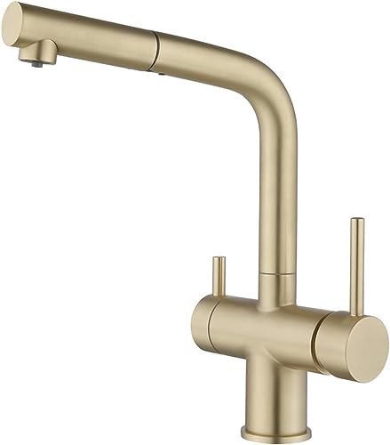3 -Wege -Küchenhahn mit Auszugsspray- und Wasserfilter Dual Hebelmischer Tap 360 Grad Drehauslauf gebürstet Gold LWX 3 -Wege -Küchenhahn mit Auszugsspray- und Wasserfilter Dual Hebelmischer Tap 360 Grad Drehauslauf gebürstet Gold LWX von YCVAWEOD