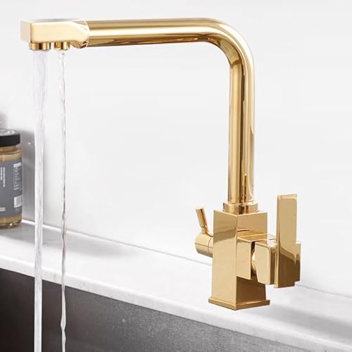 3 -Wege -Küchenhahn mit Wasserfilter Kchen Mixer Tap 1 Loch Drehung 3 in 1 Dual Hebel Wasser Waschbecken Hahn gebürstet, Gold LWX von YCVAWEOD