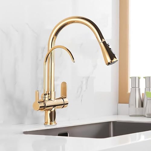 3 -Wege -Küchenmischer -Zapfhähne mit Trinkwasserfilter und Spray Messing Finish 360 ° Schwenkerngoldfarbe herausziehen LWX von YCVAWEOD